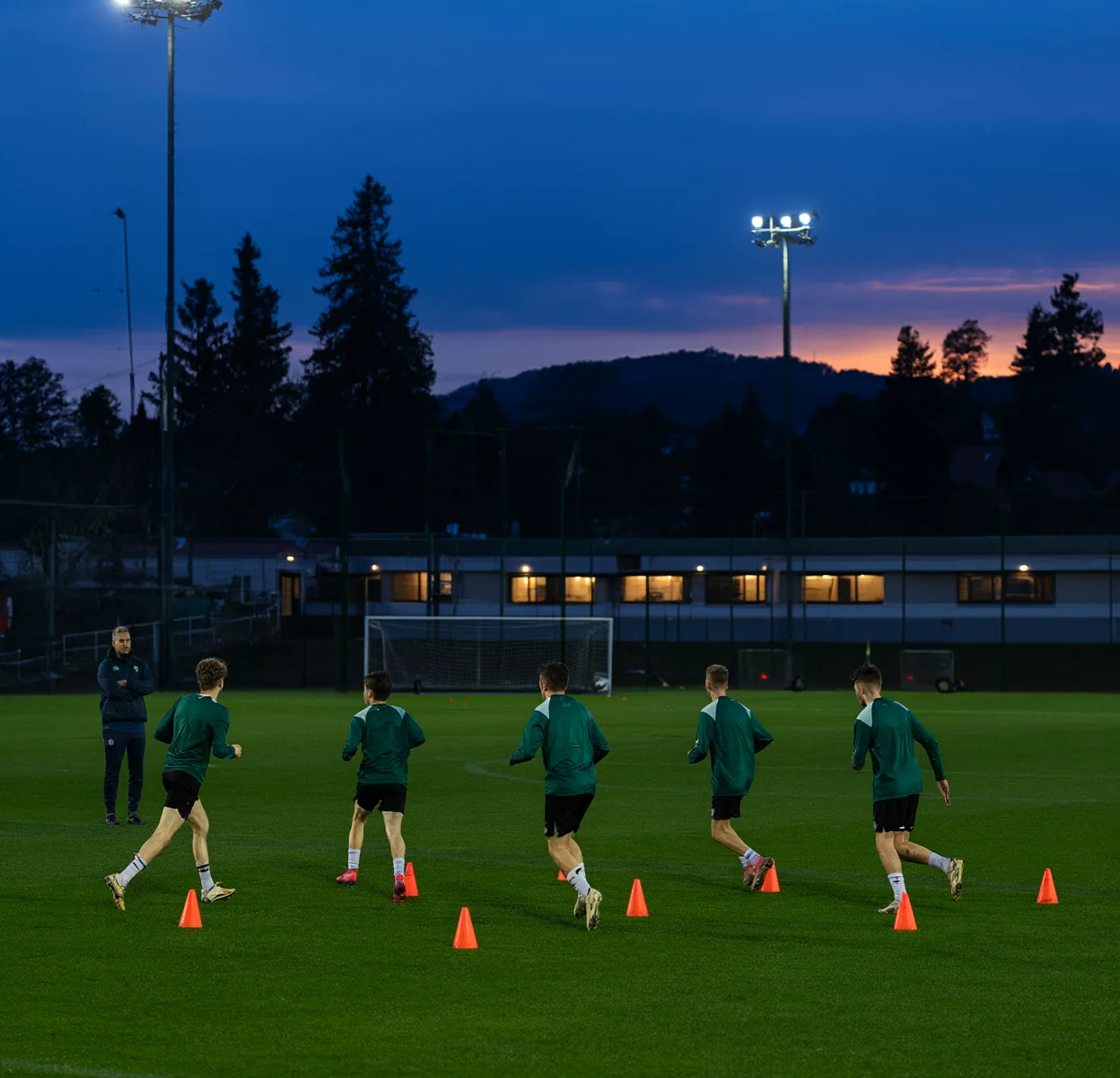 Academy players running a drill between cones at dusk