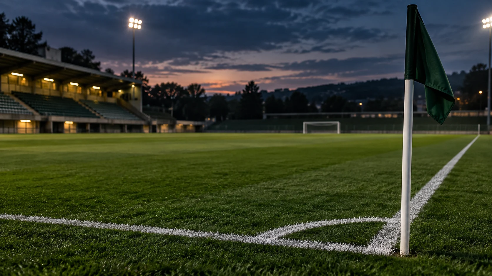 A corner flag and football field beneath evening floodlights