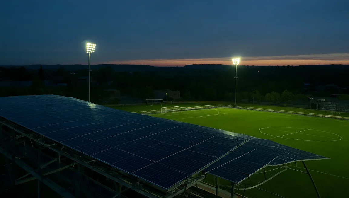 Solar panels on a grandstand roof above a floodlit pitch at dusk