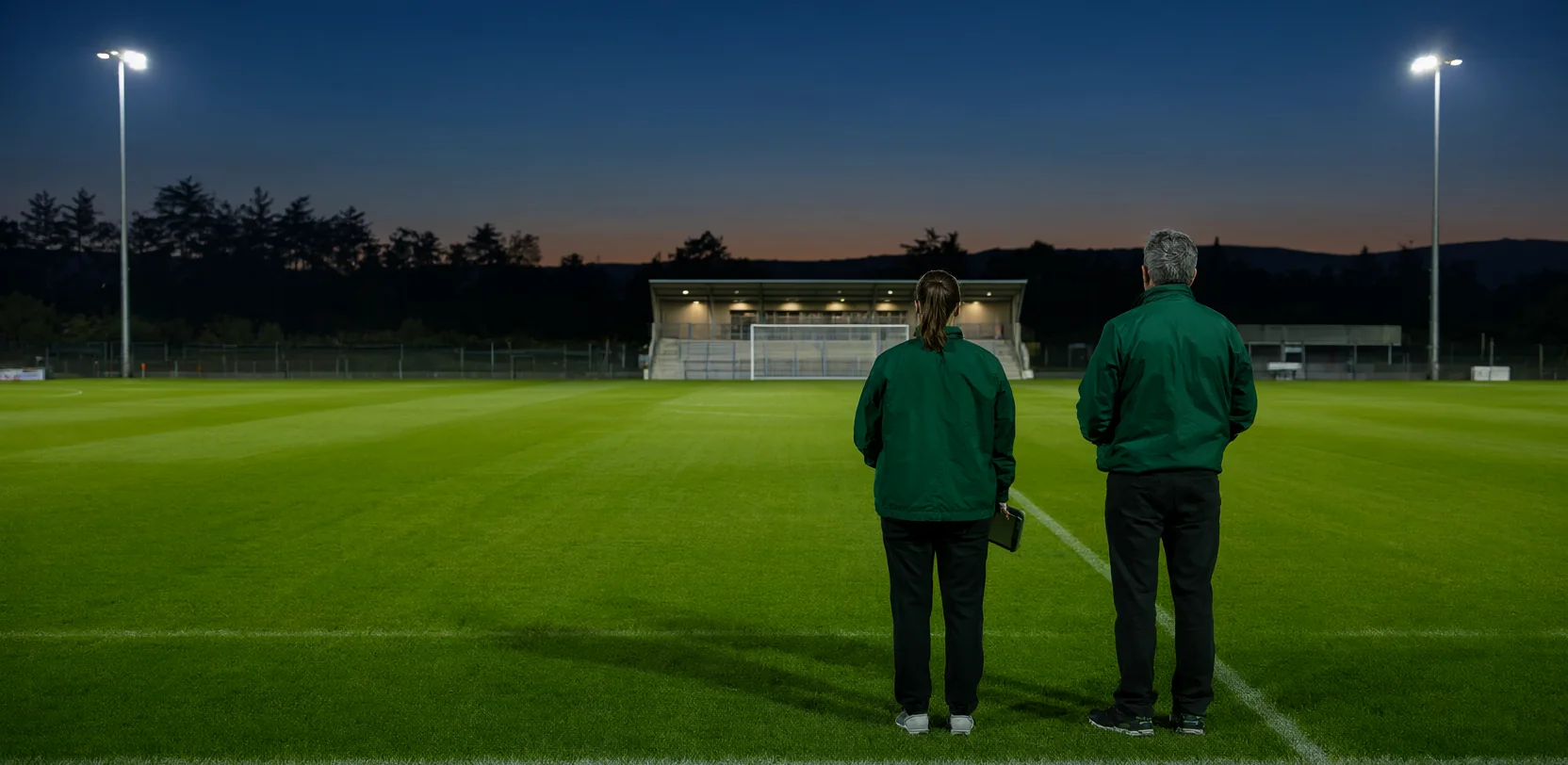Two members of ground staff looking across a floodlit pitch at dusk