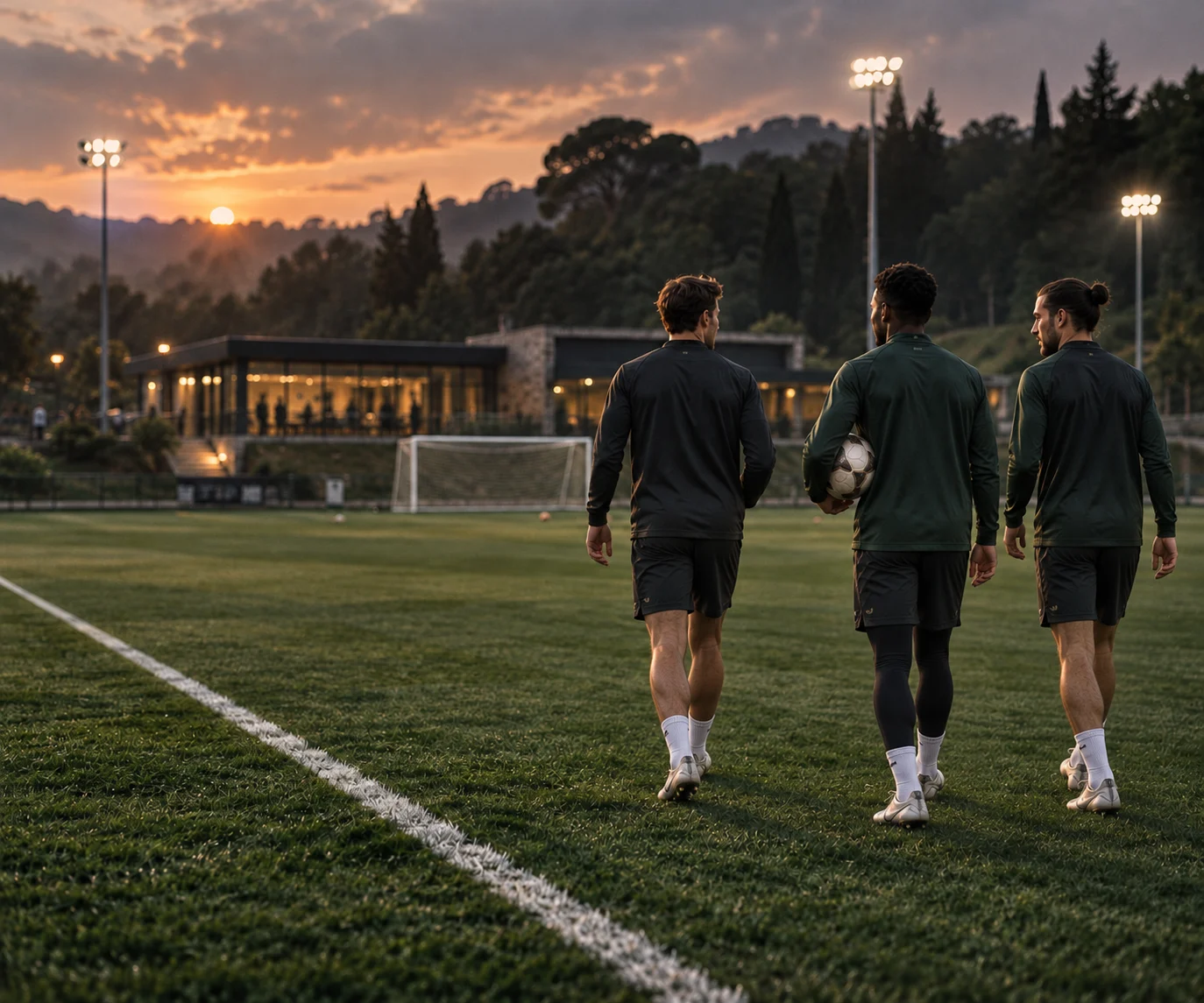 Three footballers walking towards training at dusk